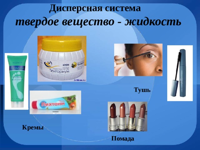 Дисперсная система твердое вещество - жидкость Тушь  Кремы Помада 