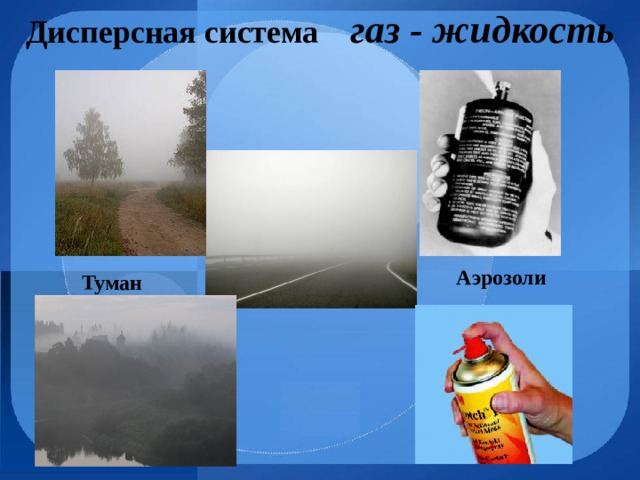 Дисперсная система газ - жидкость Аэрозоли  Туман  