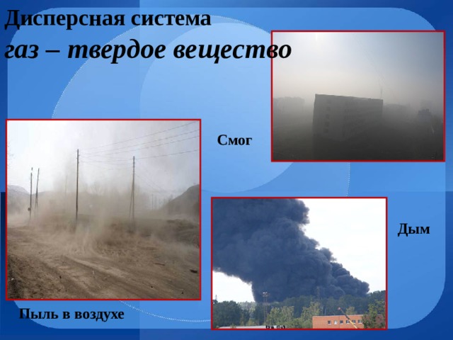 Дисперсная система газ – твердое вещество Смог Дым  Пыль в воздухе 