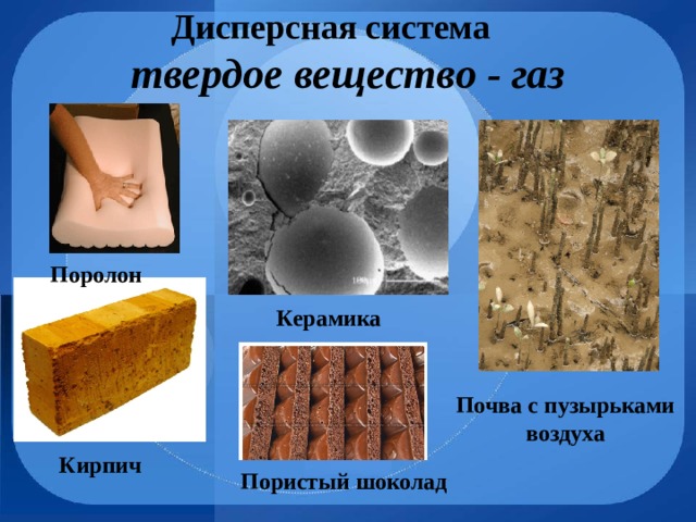 Дисперсная система твердое вещество - газ Поролон Керамика Почва с пузырьками воздуха Кирпич  Пористый шоколад 