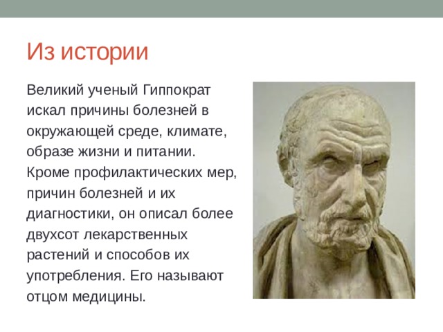 Из истории Великий ученый Гиппократ искал причины болезней в окружающей среде, климате, образе жизни и питании. Кроме профилактических мер, причин болезней и их диагностики, он описал более двухсот лекарственных растений и способов их употребления. Его называют отцом медицины. 