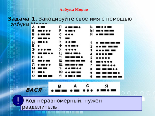 Азбука Морзе Задача 1. Закодируйте свое имя с помощью азбуки Морзе. ВАСЯ !  Код неравномерный, нужен разделитель! 
