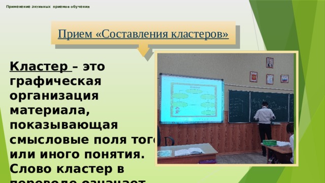 Применение активных приемов обучения      Прием «Составления кластеров» Кластер – это графическая организация материала, показывающая смысловые поля того или иного понятия. Слово кластер в переводе означает пучок, созвездие. 