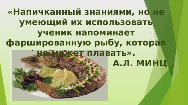 «Напичканный знаниями, но не умеющий их использовать ученик напоминает фаршированную рыбу, которая не может плавать». А.Л. МИНЦ 