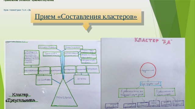 Применение активных приемов обучения     Урок геометрии 7 кл. «Виды треугольников» Прием «Составления кластеров» 