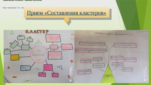 Применение активных приемов обучения     Урок геометрии 7 кл. «Виды треугольников» Прием «Составления кластеров» 