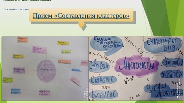Применение активных приемов обучения     Урок алгебры 7 кл. «Многочлены» Прием «Составления кластеров» 