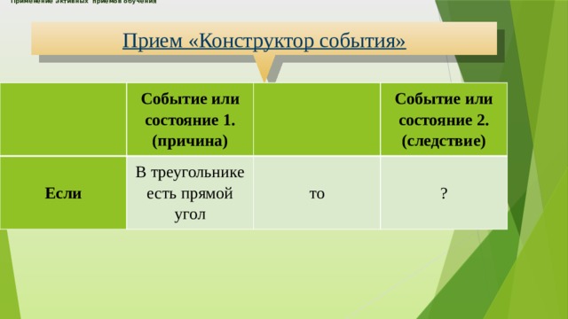 Применение активных приемов обучения      Прием «Конструктор события»   Событие или состояние 1. (причина) Если В треугольнике есть прямой угол   Событие или состояние 2. (следствие) то ? 