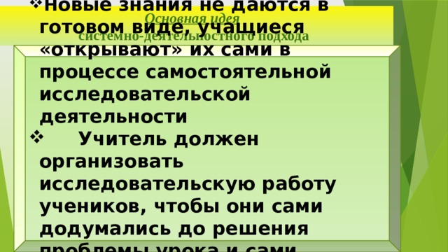 Основная идея   системно-деятельностного подхода Н овые знания не даются в готовом виде, учащиеся «открывают» их сами в процессе самостоятельной исследовательской деятельности  Учитель должен организовать исследовательскую работу учеников, чтобы они сами додумались до решения проблемы урока и сами объяснили, как надо действовать в новых условиях. 