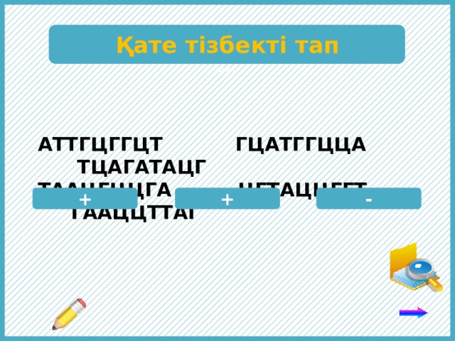   ТТт Қате тізбекті тап АТТГЦГГЦТ ГЦАТГГЦЦА ТЦАГАТАЦГ ТААЦГЦЦГА ЦГТАЦЦГГТ ГААЦЦТТАГ + + - Қате тізбекті табу үшін комплементарлық ережені пайдалан: аденинге тимин, гуанинге цитозин комплементарлы. 7 