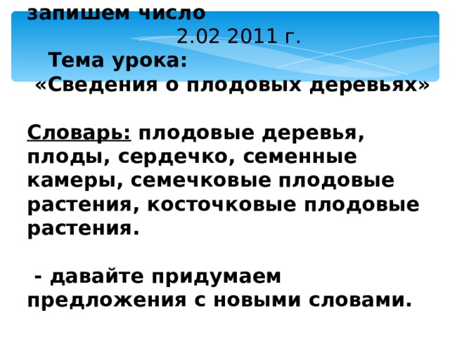 Открыли тетради, давайте запишем число  2.02 2011 г.  Тема урока: «Сведения о плодовых деревьях» Словарь: плодовые деревья, плоды, сердечко, семенные камеры, семечковые плодовые растения, косточковые плодовые растения.   - давайте придумаем предложения с новыми словами. 
