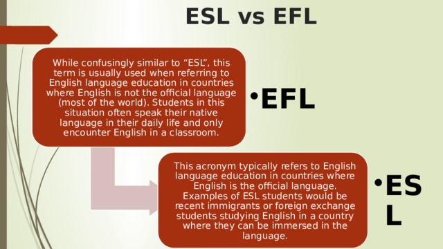 ESL vs EFL While confusingly similar to “ESL”, this term is usually used when referring to English language education in countries where English is not the official language (most of the world). Students in this situation often speak their native language in their daily life and only encounter English in a classroom. EFL EFL This acronym typically refers to English language education in countries where English is the official language. Examples of ESL students would be recent immigrants or foreign exchange students studying English in a country where they can be immersed in the language. ESL ESL 