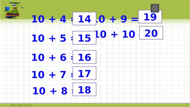  19 10 + 4 = 10 + 9 =  14  20 10 + 10 = 10 + 5 =  15 10 + 6 =  16  17 10 + 7 =  18 10 + 8 = 