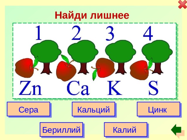 Найди лишнее Сера Кальций Цинк Бериллий Калий 
