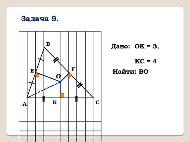 ∣ ǁ ǁ ∣ Задача 9. В Дано: OK = 3,  KC = 4 F E Найти: BO O ⫴ ⫴ С K А 