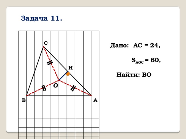 ǁ ǁ ǁ Задача 11. С Дано: AC = 24,  S AOC = 60, H Найти: BO O В А 