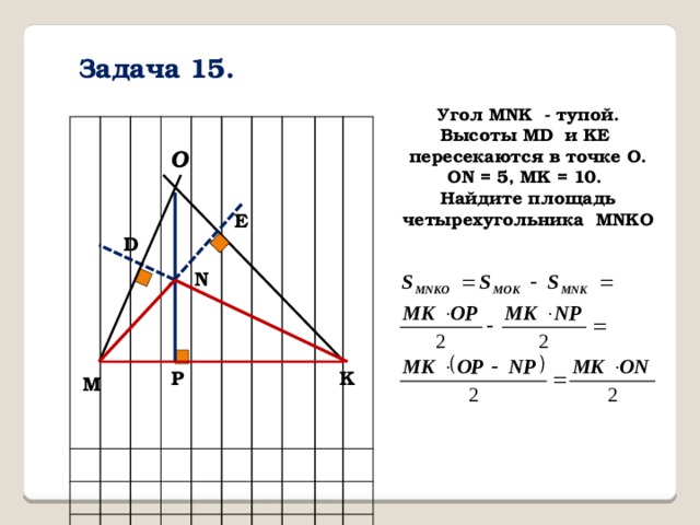 Задача 15. Угол MNK - тупой. Высоты MD и KE пересекаются в точке О. ON = 5, MK = 10. Найдите площадь четырехугольника MNKO O E D N K P M 