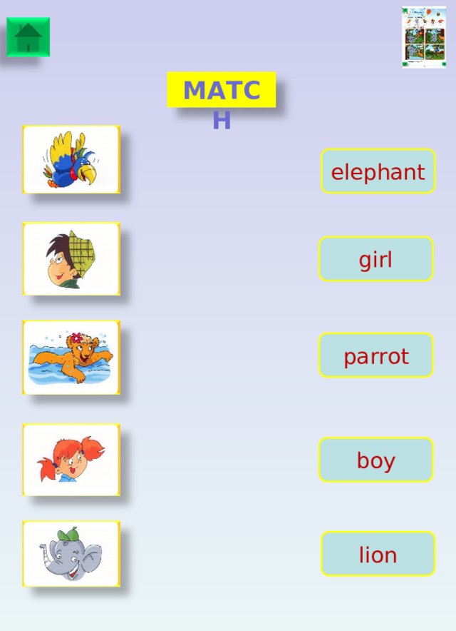 MATCH elephant girl parrot boy lion 