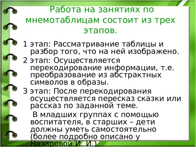  Работа на занятиях по мнемотаблицам состоит из трех этапов.    1 этап: Рассматривание таблицы и разбор того, что на ней изображено. 2 этап: Осуществляется перекодирование информации, т.е. преобразование из абстрактных символов в образы. 3 этап: После перекодирования осуществляется пересказ сказки или рассказ по заданной теме.  В младших группах с помощью воспитателя, в старших – дети должны уметь самостоятельно (более подробно описано у Назаровой И. И.). 