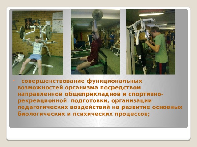  создание представлений об индивидуальных психосоматических и психосоциальных особенностях, адаптивных свойствах организма и способах их совершенствования в целях укрепления здоровья, поддержки оптимального функционального состояния;   