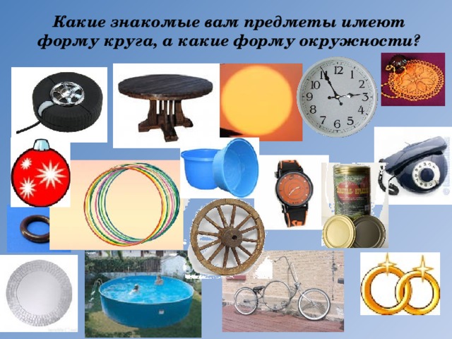 Какие знакомые вам предметы имеют форму круга, а какие форму окружности? 