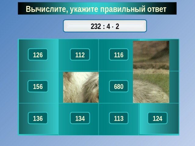 Вычислите, укажите правильный ответ  232 : 4  2 118 126 116 112 153 132 680 156 136 134 124 113 