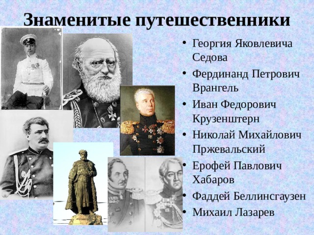 Знаменитые путешественники Георгия Яковлевича Седова Фердинанд Петрович Врангель Иван Федорович Крузенштерн Николай Михайлович Пржевальский Ерофей Павлович Хабаров Фаддей Беллинсгаузен Михаил Лазарев 