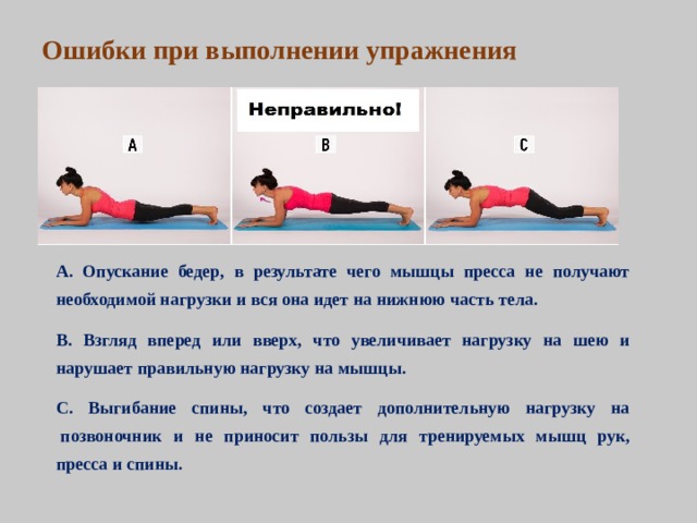 Ошибки при выполнении упражнения А. Опускание бедер, в результате чего мышцы пресса не получают необходимой нагрузки и вся она идет на нижнюю часть тела.  В. Взгляд вперед или вверх, что увеличивает нагрузку на шею и нарушает правильную нагрузку на мышцы.  С. Выгибание спины, что создает дополнительную нагрузку на  позвоночник и не приносит пользы для тренируемых мышц рук, пресса и спины.   