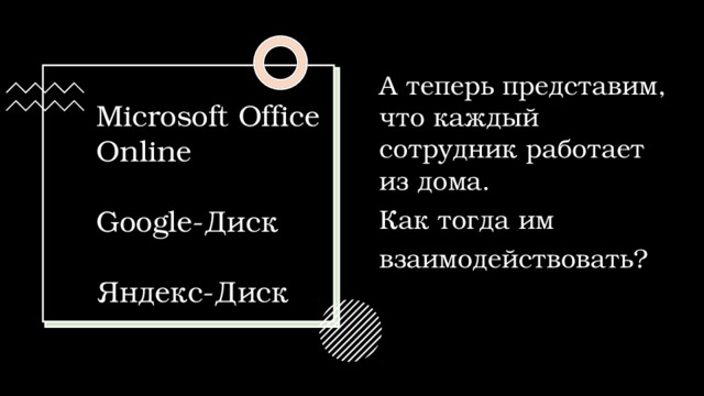 А теперь представим, что каждый сотрудник работает из дома. Как тогда им  взаимодействовать? Microsoft Office Online Google-Диск Яндекс-Диск 