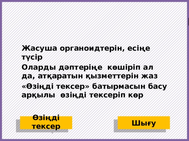 Цитоплазма, плазмалық мембрана, ядро, эндоплазмалық тор, рибосома, Гольджи аппараты, лизосома, митохондрия, пластидтер, жасуша орталығы, қозғалыс органоидтері. Жасуша органоидтерін, есіңе түсір Оларды дәптеріңе көшіріп ал да, атқаратын қызметтерін жаз «Өзіңді тексер» батырмасын басу арқылы өзіңді тексеріп көр  Шығу Өзіңді тексер  