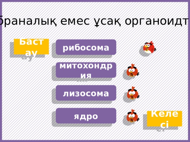 Мембраналық емес ұсақ органоидтер … Бастау рибосома митохондрия лизосома https://f1.pngfuel.com/png/607/434/568/fruit-angry-birds-cartoon-red-video-game-software-png-clip-art.png https://w7.pngwing.com/pngs/437/239/png-transparent-angry-birds-epic-angry-birds-go-angry-birds-space-angry-birds-action-angry-birds-orange-chicken-galliformes.png ядро Келесі  