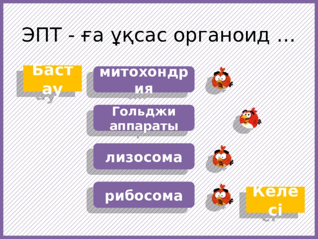 ЭПТ - ға ұқсас органоид … Бастау митохондрия Гольджи аппараты лизосома https://f1.pngfuel.com/png/607/434/568/fruit-angry-birds-cartoon-red-video-game-software-png-clip-art.png https://w7.pngwing.com/pngs/437/239/png-transparent-angry-birds-epic-angry-birds-go-angry-birds-space-angry-birds-action-angry-birds-orange-chicken-galliformes.png рибосома Келесі  