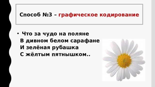 Способ №3 – графическое кодирование Отгадай загадку.  Нарисуй отгадку.  Что за чудо на поляне  В дивном белом сарафане  И зелёная рубашка  С жёлтым пятнышком.. 