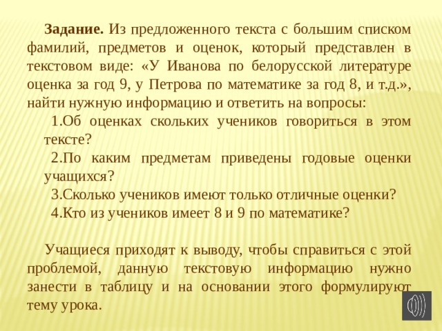 Задание. Из предложенного текста с большим списком фамилий, предметов и оценок, который представлен в текстовом виде: «У Иванова по белорусской литературе оценка за год 9, у Петрова по математике за год 8, и т.д.», найти нужную информацию и ответить на вопросы: Об оценках скольких учеников говориться в этом тексте? По каким предметам приведены годовые оценки учащихся? Сколько учеников имеют только отличные оценки? Кто из учеников имеет 8 и 9 по математике? Учащиеся приходят к выводу, чтобы справиться с этой проблемой, данную текстовую информацию нужно занести в таблицу и на основании этого формулируют тему урока. 
