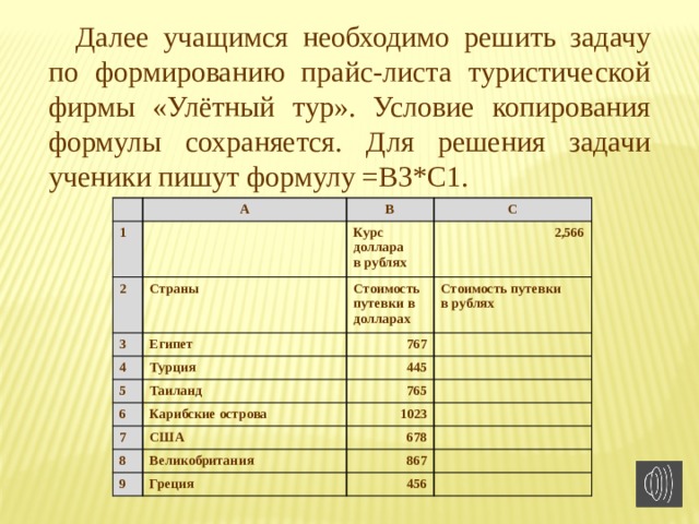 Далее учащимся необходимо решить задачу по формированию прайс-листа туристической фирмы «Улётный тур». Условие копирования формулы сохраняется. Для решения задачи ученики пишут формулу =B3*C1. 1 А В 2 С Курс доллара Страны 3 в рублях 2,566 Египет 4 Стоимость путевки в долларах 5 Турция 767 Стоимость путевки Таиланд в рублях 6 445 7 Карибские острова 765 США 1023 8 678 Великобритания 9 Греция 867 456 