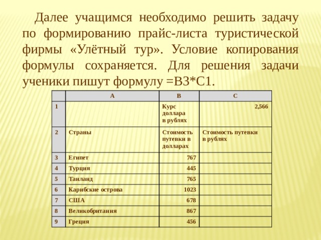 Далее учащимся необходимо решить задачу по формированию прайс-листа туристической фирмы «Улётный тур». Условие копирования формулы сохраняется. Для решения задачи ученики пишут формулу =B3*C1. 1 А В 2 С Курс доллара Страны 3 в рублях 2,566 Египет 4 Стоимость путевки в долларах 5 Турция 767 Стоимость путевки Таиланд в рублях 6 445 7 Карибские острова 765 США 1023 8 678 Великобритания 9 Греция 867 456 