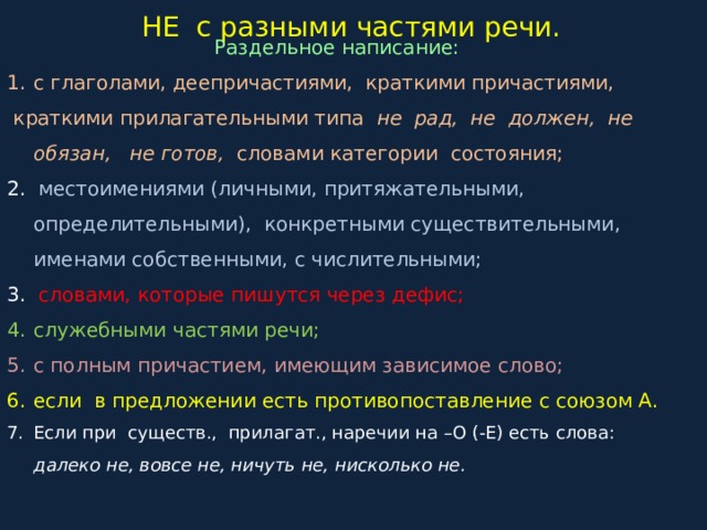 НЕ с разными частями речи. Раздельное написание: с глаголами, деепричастиями, краткими причастиями,  краткими прилагательными типа не рад, не должен, не обязан, не готов, словами категории состояния; 2. местоимениями (личными, притяжательными, определительными), конкретными существительными, именами собственными, с числительными; 3. словами, которые пишутся через дефис; служебными частями речи; с полным причастием, имеющим зависимое слово; если в предложении есть противопоставление с союзом А. Если при существ., прилагат., наречии на –О (-Е) есть слова: далеко не, вовсе не, ничуть не, нисколько не. 