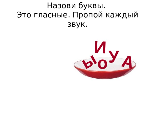 ы А И Назови буквы.  Это гласные. Пропой каждый звук. У о 