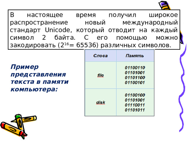 В настоящее время получил широкое распространение новый международный стандарт Unicode, который отводит на каждый символ 2 байта. С его помощью можно закодировать (2 16 = 65536) различных символов. Пример представления текста в памяти компьютера:  