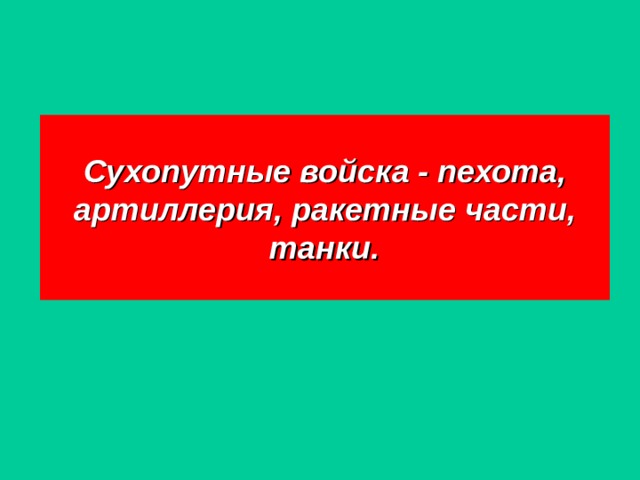 Сухопутные войска - пехота, артиллерия, ракетные части, танки. 