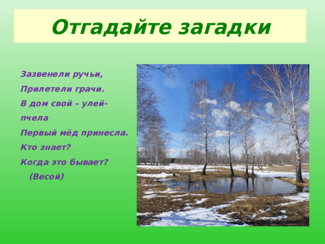 Отгадайте загадки Зазвенели ручьи, Прилетели грачи. В дом свой – улей- пчела Первый мёд принесла. Кто знает? Когда это бывает?  (Весой) 