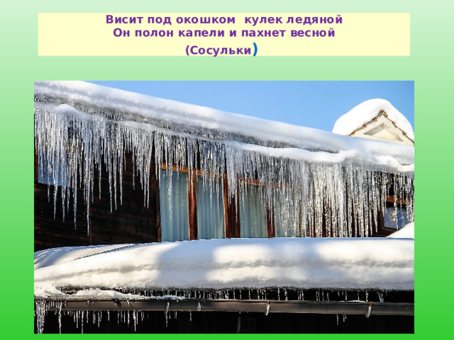 Висит под окошком кулек ледяной  Он полон капели и пахнет весной  (Сосульки ) 