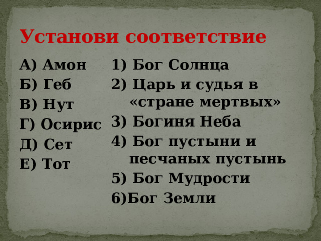 Установи соответствие А) Амон 1) Бог Солнца Б) Геб 2) Царь и судья в «стране мертвых» В) Нут 3) Богиня Неба Г) Осирис 4) Бог пустыни и песчаных пустынь Д) Сет 5) Бог Мудрости Е) Тот 6)Бог Земли 