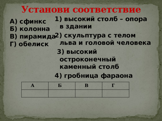 Установи соответствие 1) высокий столб – опора в здании 2) скульптура с телом льва и головой человека  3) высокий остроконечный каменный столб 4) гробница фараона А) сфинкс Б) колонна В) пирамида Г) обелиск А Б В Г 