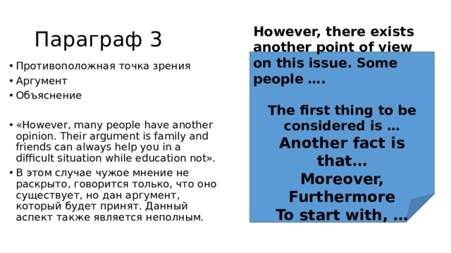 Параграф 3 However, there exists another point of view on this issue. Some people ….  The first thing to be considered is … Another fact is that… Moreover, Furthermore To start with, … Противоположная точка зрения Аргумент Объяснение «However, many people have another opinion. Their argument is family and friends can always help you in a difficult situation while education not». В этом случае чужое мнение не раскрыто, говорится только, что оно существует, но дан аргумент, который будет принят. Данный аспект также является неполным. 