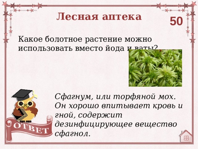 Лесная аптека 50 Какое болотное растение можно использовать вместо йода и ваты? Сфагнум, или торфяной мох. Он хорошо впитывает кровь и гной, содержит дезинфицирующее вещество сфагнол. 