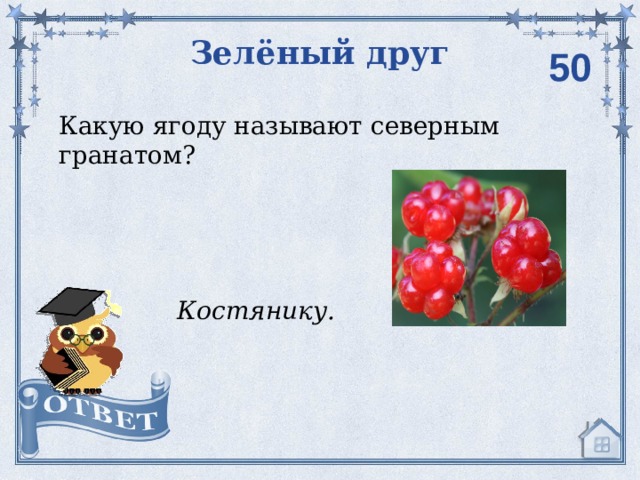 Зелёный друг  50 Какую ягоду называют северным гранатом? Костянику. 