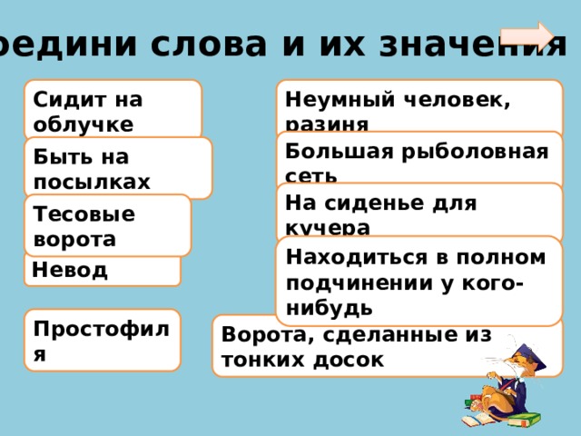 Соедини слова и их значения Сидит на облучке Неумный человек, разиня Большая рыболовная сеть Быть на посылках На сиденье для кучера Тесовые ворота Находиться в полном подчинении у кого-нибудь Невод Простофиля Ворота, сделанные из тонких досок 