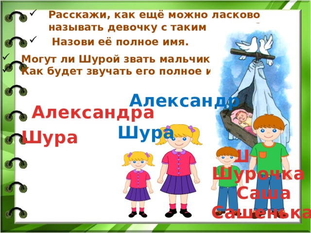 Расскажи, как ещё можно ласково называть девочку с таким именем?  Назови её полное имя.  Могут ли Шурой звать мальчика? Как будет звучать его полное имя? Александр Александра Шура Шура Шура Шурочка Саша Сашенька 