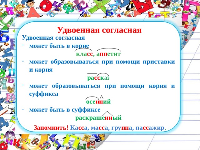 Удвоенная согласная Удвоенная согласная может быть в корне кла сс , а пп етит может образовываться при помощи приставки и корня ра сс к аз может образовываться при помощи корня и суффикса осе нн ий может быть в суффиксе раскраше нн ый Запомнить! Ка сс а, ма сс а, гру пп а, па сс ажир .  